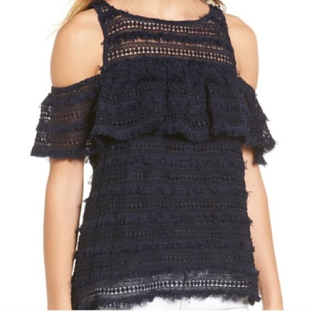 Chelsea28 Navy Fringe Lace Cold Shoulder Top XS